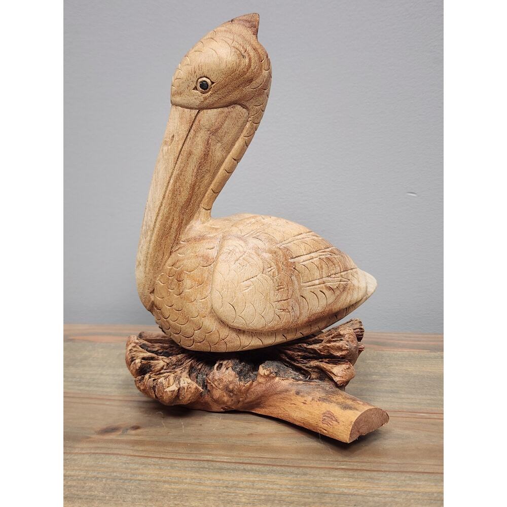 Hand Carved Chinaberry Pelican Bird Art Sculpture Figurine Statue 7.5"